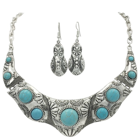 Fashion Jewelry Jewelry - Turquoise Stone Dot Western Necklace Earrings Set